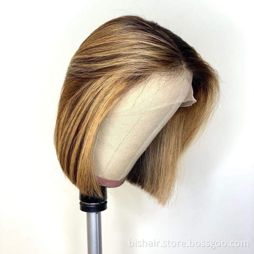 Glue-free highlight short Bob wig Brazilian straight hair 4/27 Gradient brown honey blond hair Lace front real human hair wig